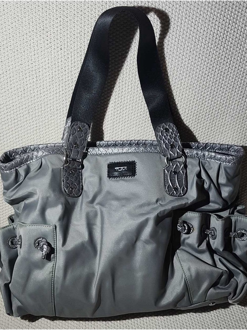 Tumi Gray Tote with Black Straps and Textured Trim